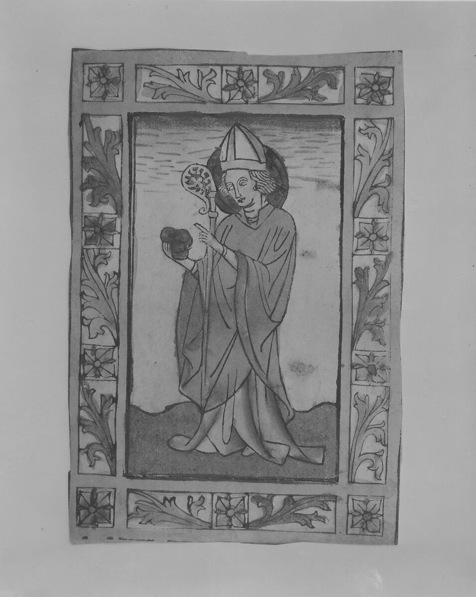 St. Nicolas of Myra, Anonymous, German, 15th century  , Upper Rhine(?), ca. 1430-45, Woodcut, hand-colored with some gilt