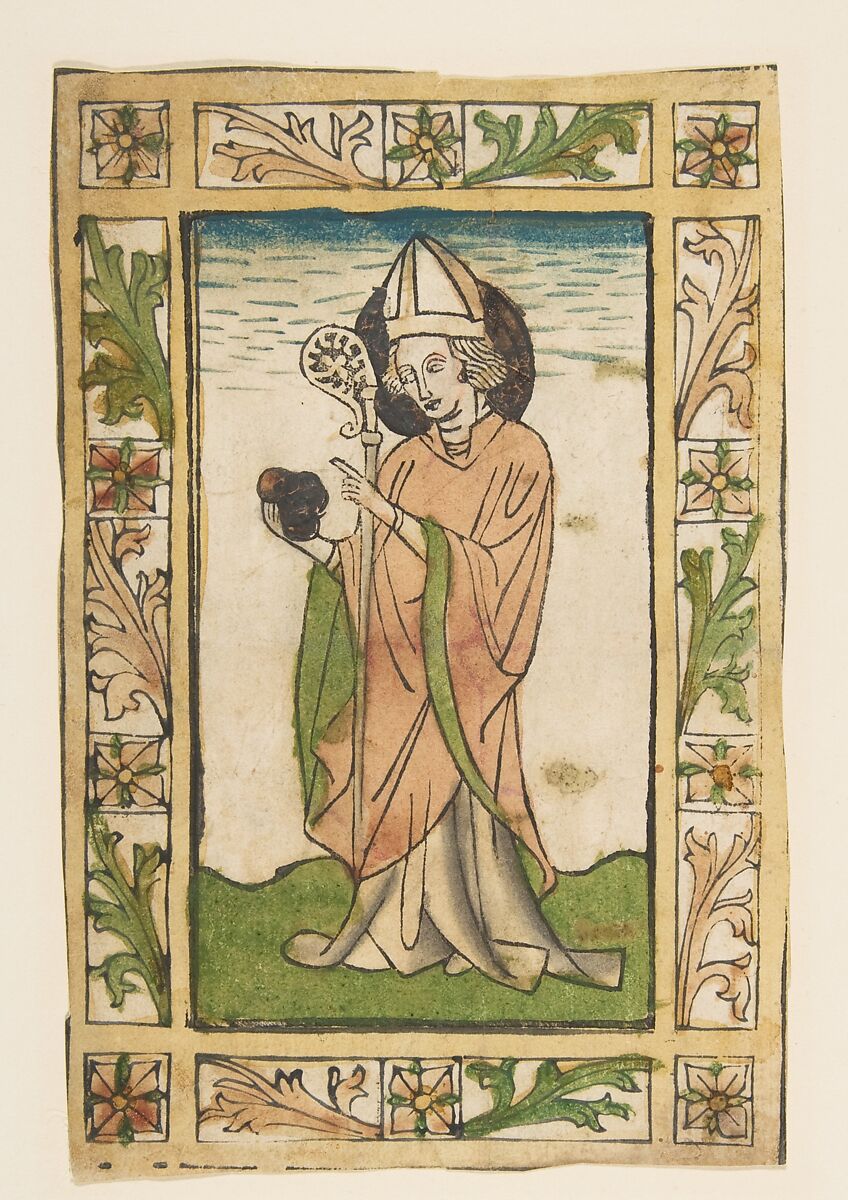 St. Nicolas of Myra, Anonymous, German, 15th century, Woodcut, hand-colored 