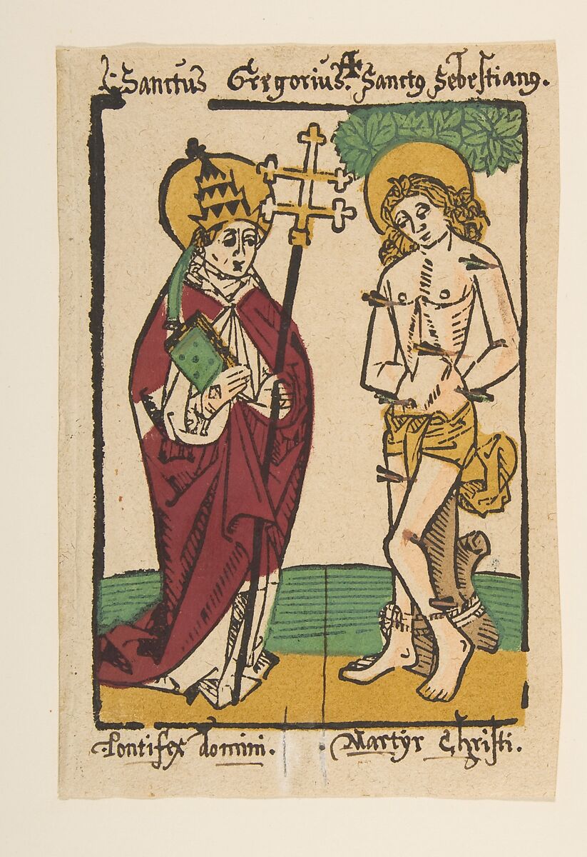 St. Gregory and St. Sebastian, Anonymous, German, 15th century, Woodcut, hand-colored with handwriting in brown ink 