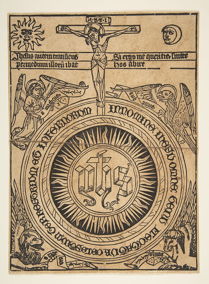 The Sacred Monogram with the Symbols of the Evangelists and the Crucifixion, Anonymous, German, 15th century, Woodcut 