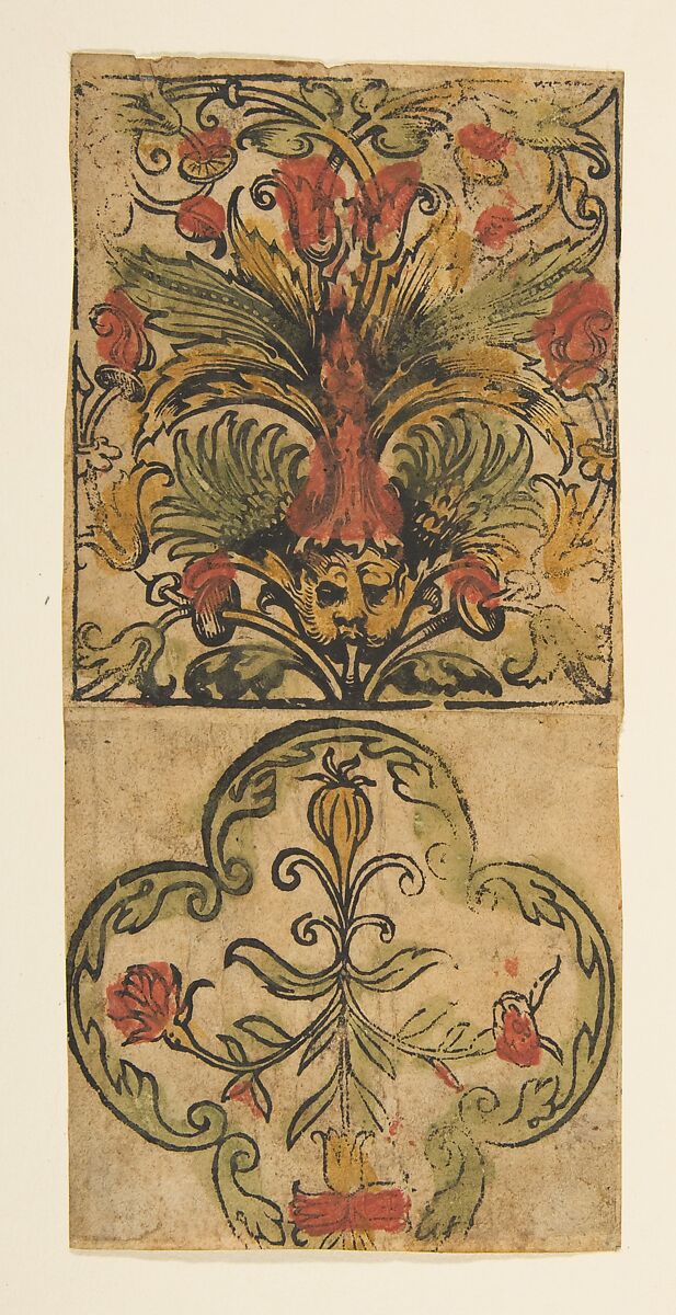 Panel of ornament (Schr. 2006m), Anonymous, German, 15th century, Woodcut, hand-colored, with stencil 