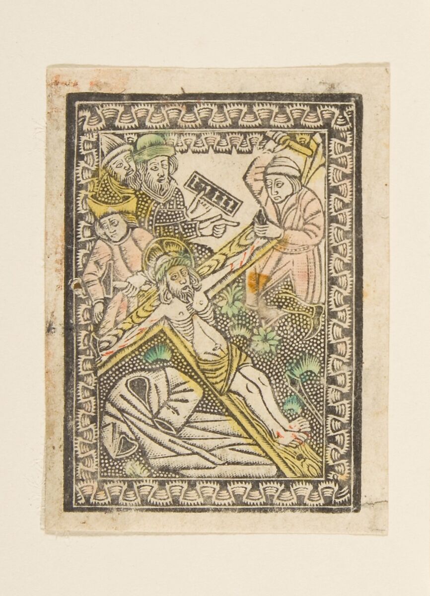 Christ Nailed to the Cross, Anonymous, German, 15th century, Woodcut, hand-colored 