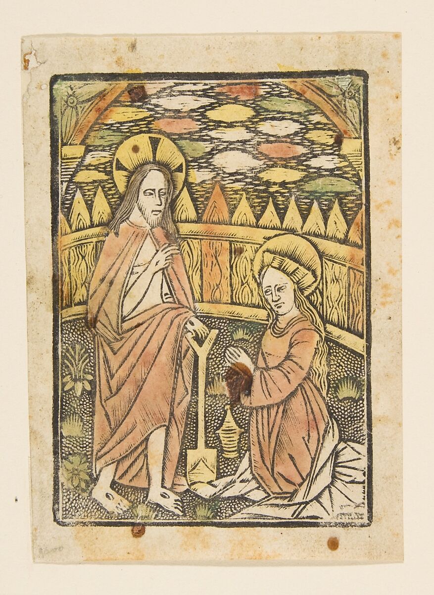 Christ Appearing to St. Mary Magdalen, Anonymous, German, 15th century, Metalcut, hand-colored 