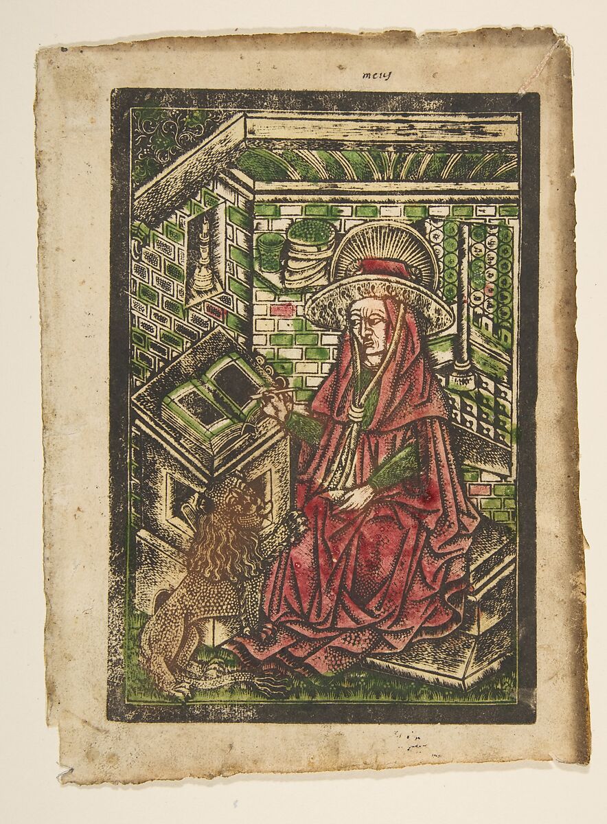 St. Jerome in his Study, Anonymous, German, 15th century, Metalcut, hand-colored 