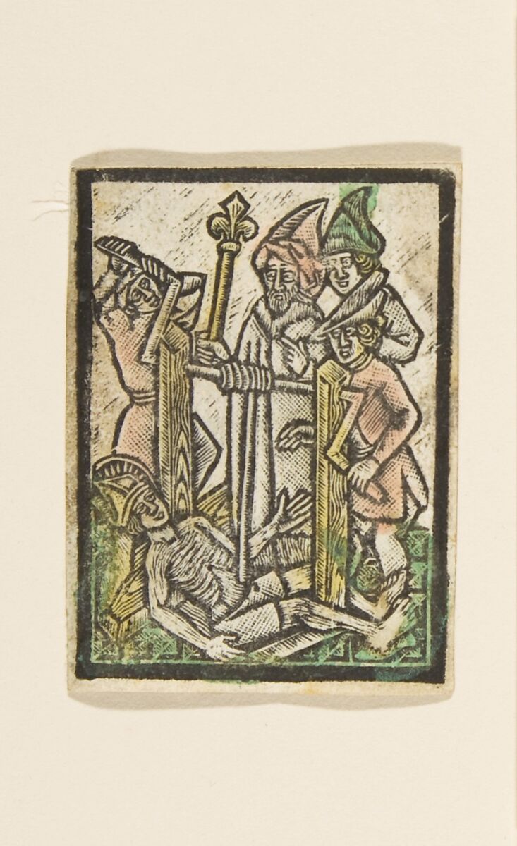 Martyrdom of St. Erasmus, after the Master of St. Erasmus, Anonymous, German, 15th century, Metalcut, hand-colored 