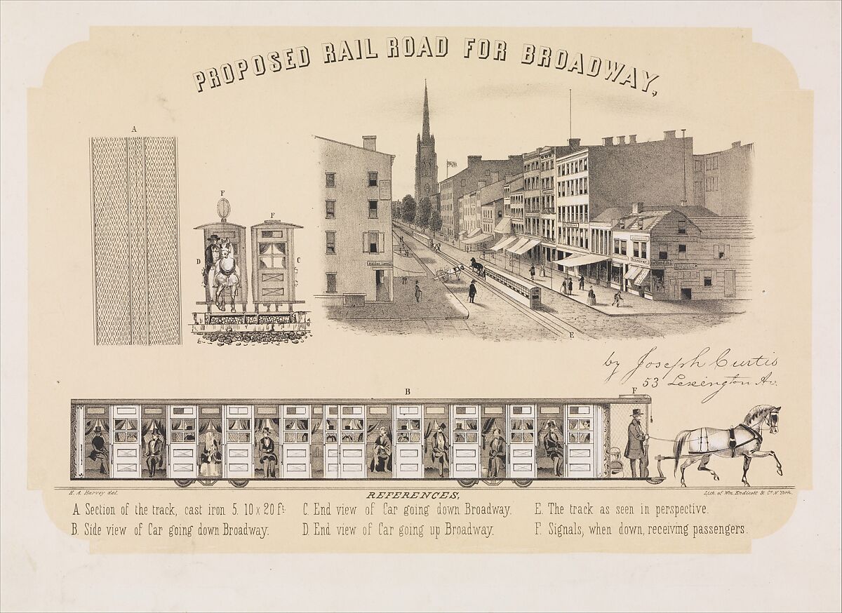 Proposed Rail Road for Broadway, After H. A. Harvey (American, 19th century), Lithograph with tint stone 