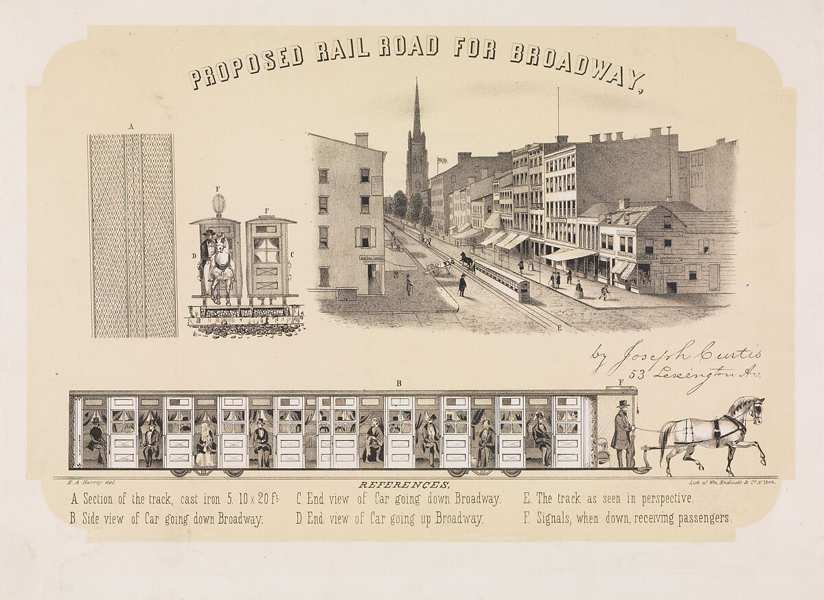 Proposed Rail Road for Broadway, After H. A. Harvey (American, 19th century), Lithograph with tint stone