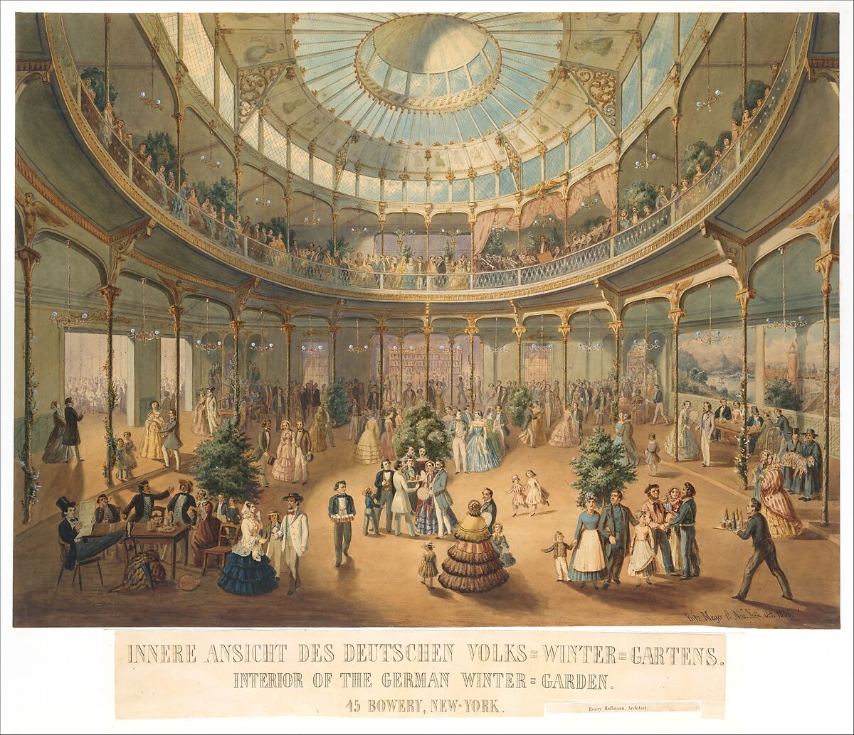 Innere Ansicht des Deutschen Volks Winter Gartens. IInterior of the German Winter Garden. 45 Bowery, New York, Fritz Meyer (American, active 1856–57), Watercolor 
