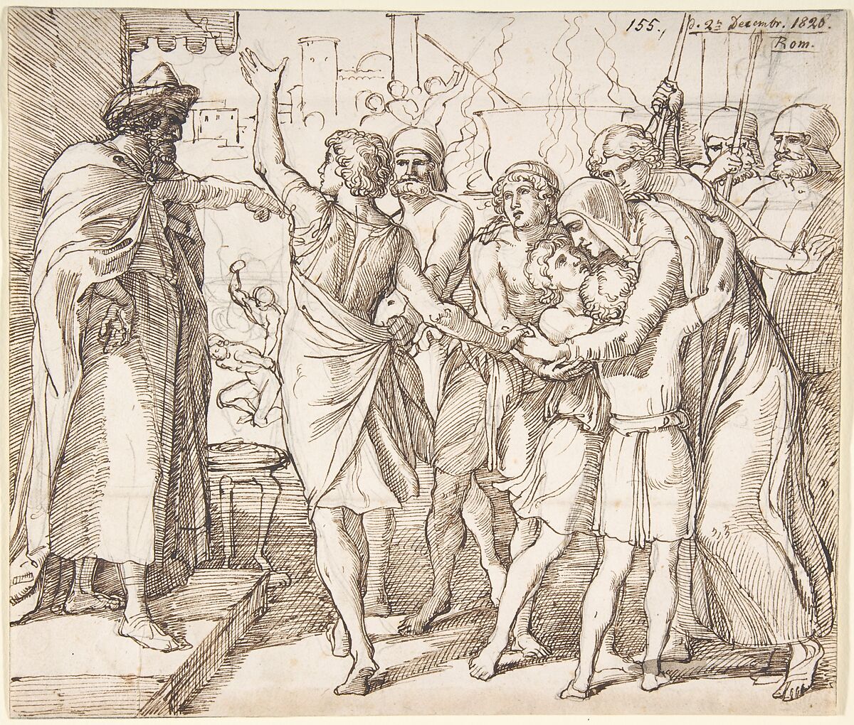 The Martyrdom of the seven brothers; verso: Sketch of two men wrestling (?), Julius Schnorr von Carolsfeld (German, Leipzig 1794–1872 Dresden), Pen and brown ink, over a sketch in graphite; verso: graphite 