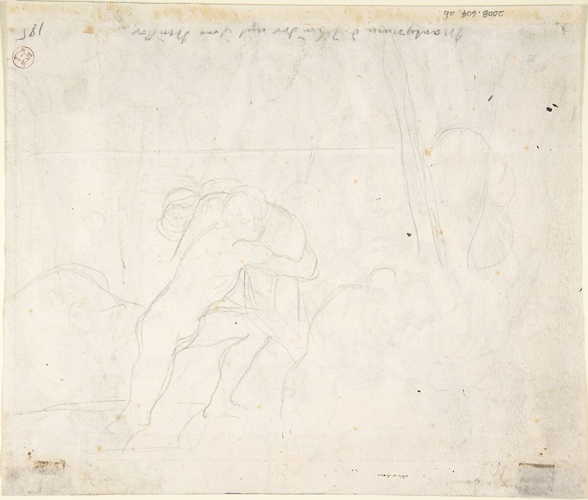The Martyrdom of the seven brothers; verso: Sketch of two men wrestling (?), Julius Schnorr von Carolsfeld (German, Leipzig 1794–1872 Dresden), Pen and brown ink, over a sketch in graphite; verso: graphite