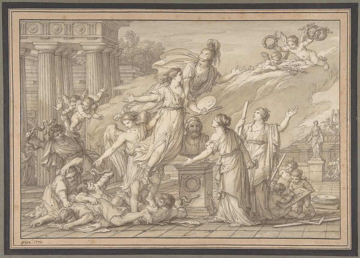Allegory of the Arts, Joseph Marie Vien  French, Pen and black ink, brush and brown wash, over faint black chalk underdrawing