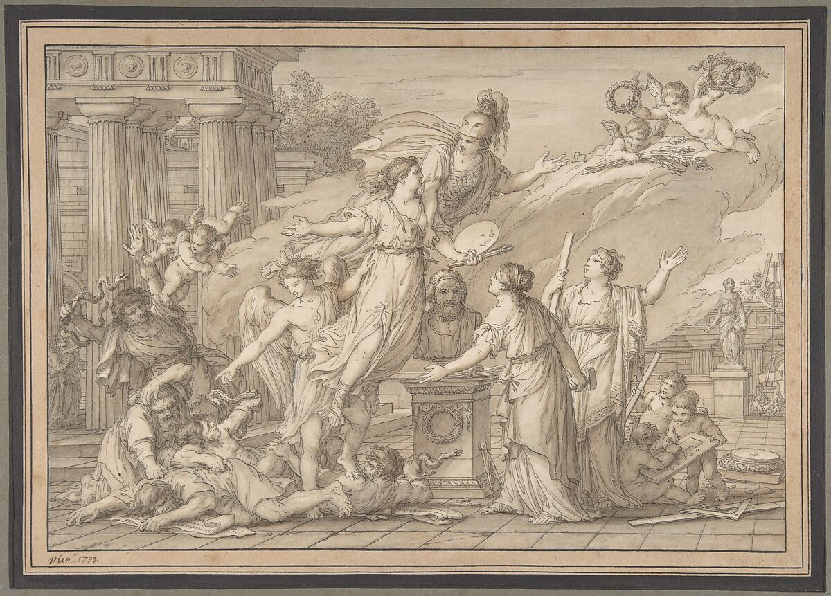 Allegory of the Arts, Joseph Marie Vien (French, Montpellier 1716–1809 Paris), Pen and black ink, brush and brown wash, over faint black chalk underdrawing 