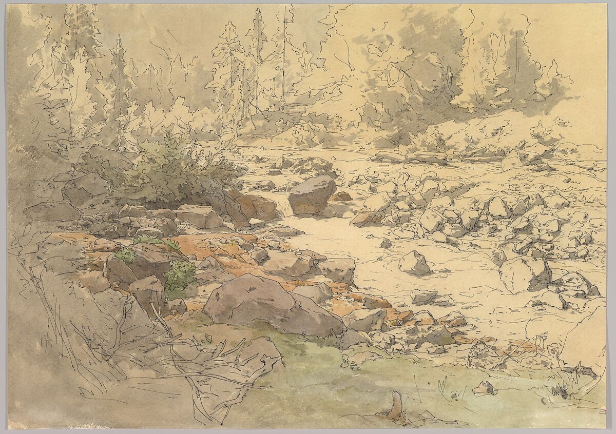 Landscape with Rocks in a River (near Kronau?), Eduard Peithner von Lichtenfels (Austrian, Vienna 1833–1913 Berlin), Pen and black ink, and watercolor 
