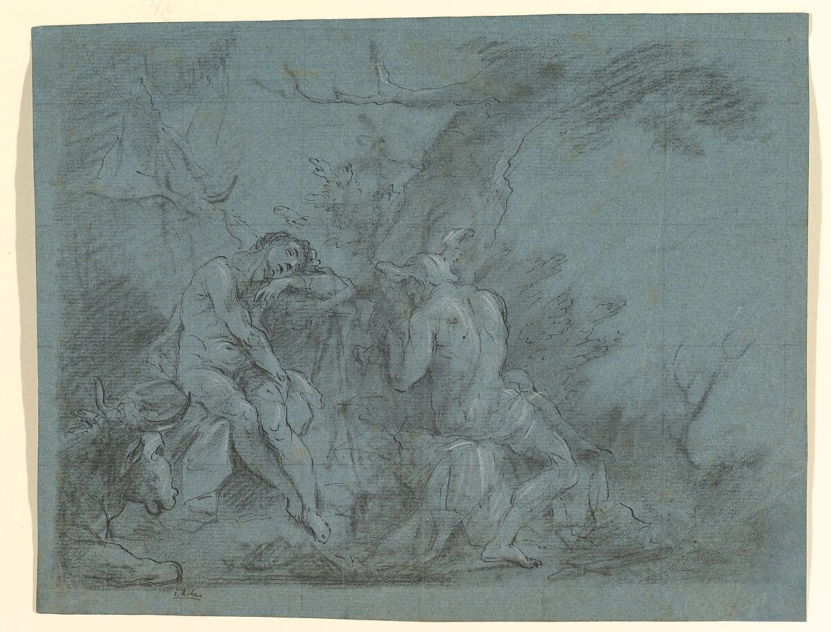 Mercury and Argus, Januarius Zick (German, Munich before 1730–1797 Ehrenbreitstein), Black and white chalk, pen and black ink, squared for transfer in graphite. 