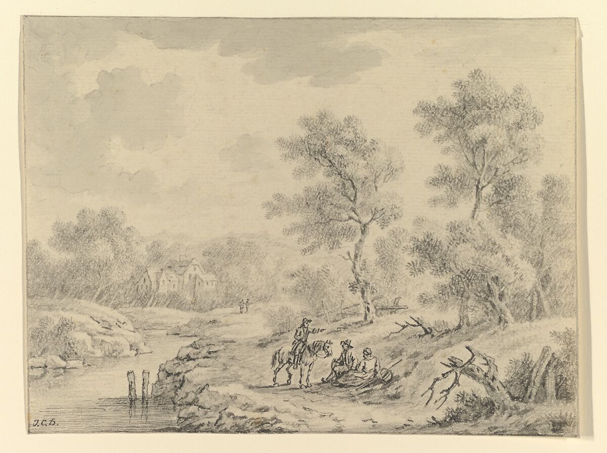 Landscape with Horseman Talking to Seated Figures, Johann Christoph Dietzsch (German, Nuremberg 1710–1768 Nuremberg), Black chalk, pen and gray ink, and gray wash 