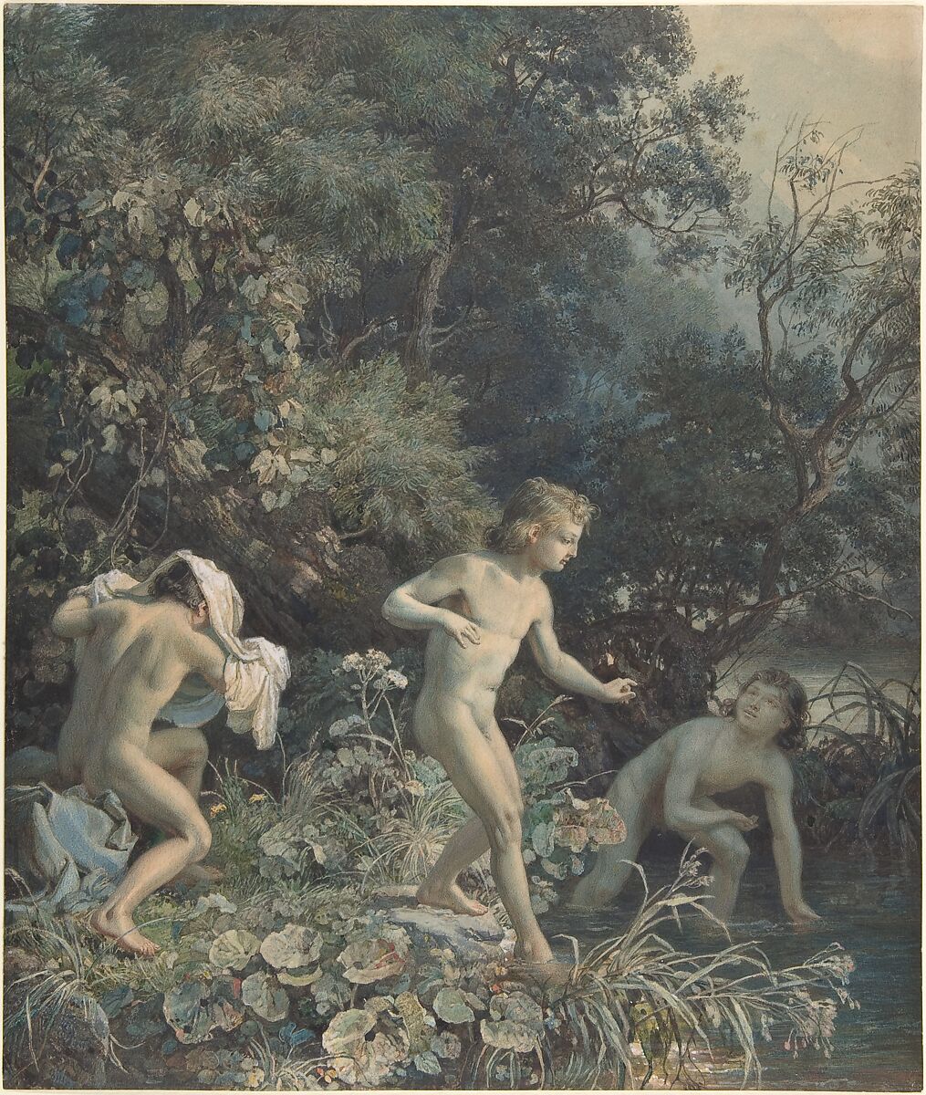 Riverside with Three Bathing Boys, Christian Friedrich Gille (German, Ballenstedt 1805–1899 Dresden), Watercolor and bodycolor 