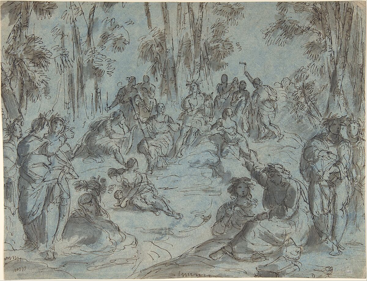 Apollo and the Nine Muses surrounded by Poets on Mount Parnassus, Karel Skréta  Bohemian, Pen and brown ink, brown-gray wash, on off-white paper prepared with blue watercolor