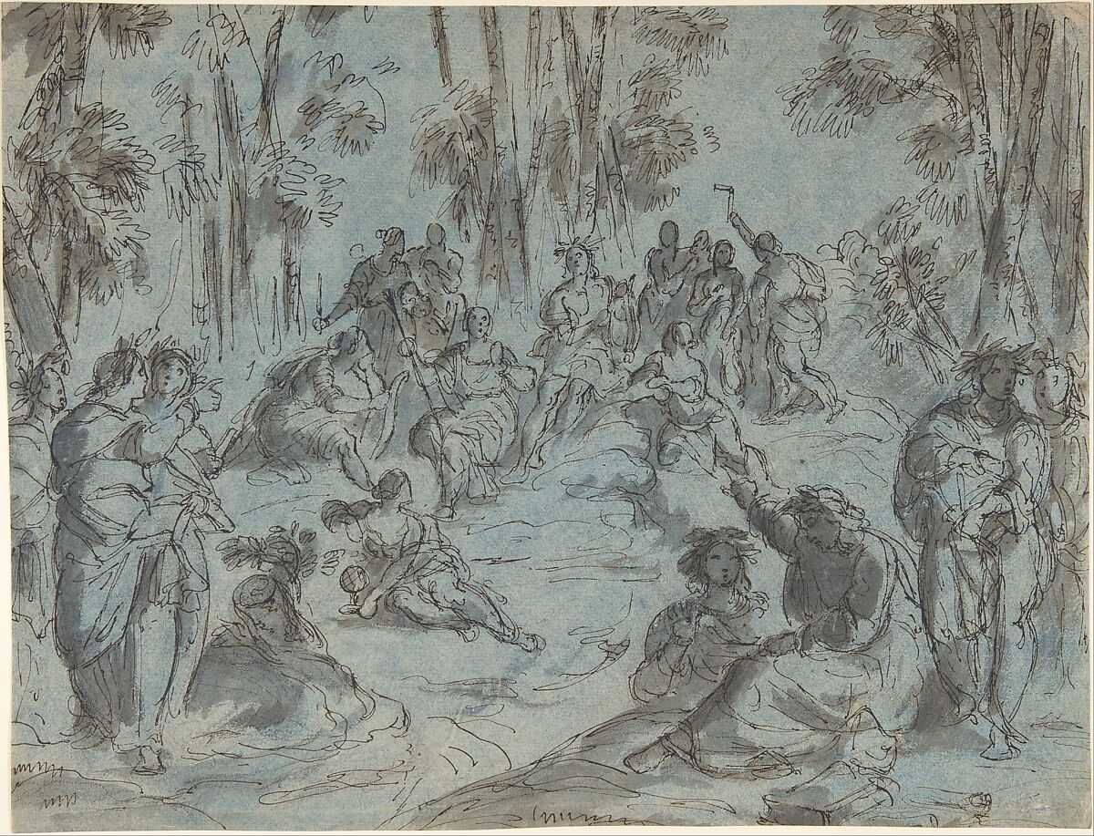 Apollo and the Nine Muses surrounded by Poets on Mount Parnassus, Circle of Karel Skréta (Bohemian, Prague 1610–1674 Prague), Pen and brown ink, brush and brown-gray wash, on off-white paper prepared with blue wash 