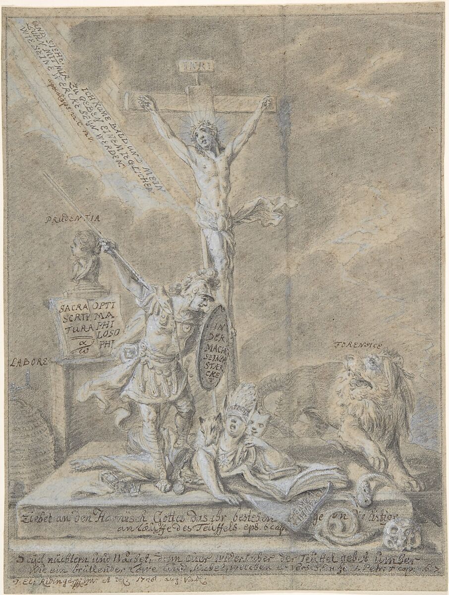 Allegory of Christian Virtues, Johann Elias Ridinger (German, Ulm 1698–1767 Augsburg), Black chalk, gray wash, white bodycolour, on blue paper 