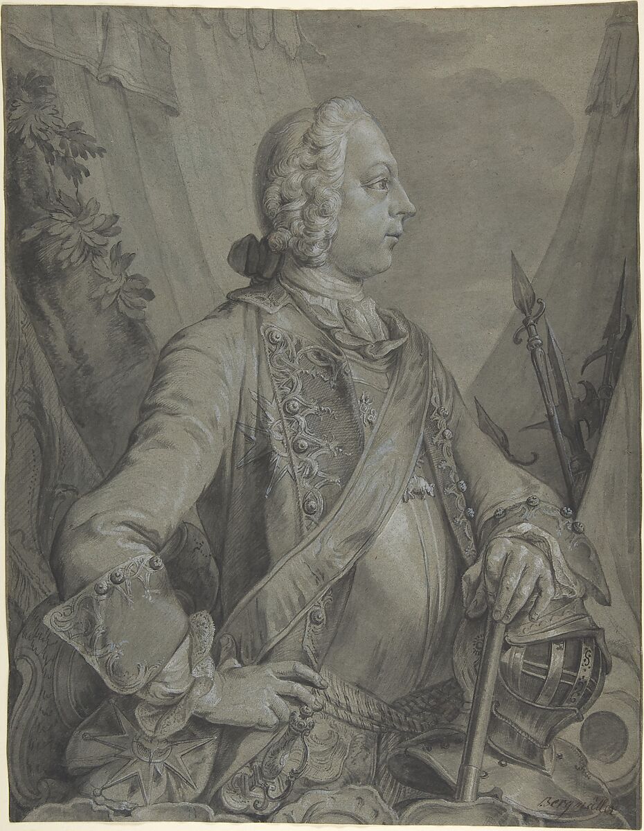 Portrait of the Emperor Joseph II as Military Commander, Johann Wolfgang Baumgartner (German, Kufstein 1712–1761 Augsburg), Brush and gray ink, gray wash, heightened with white bodycolour, over a sketch in graphite; on blue paper 