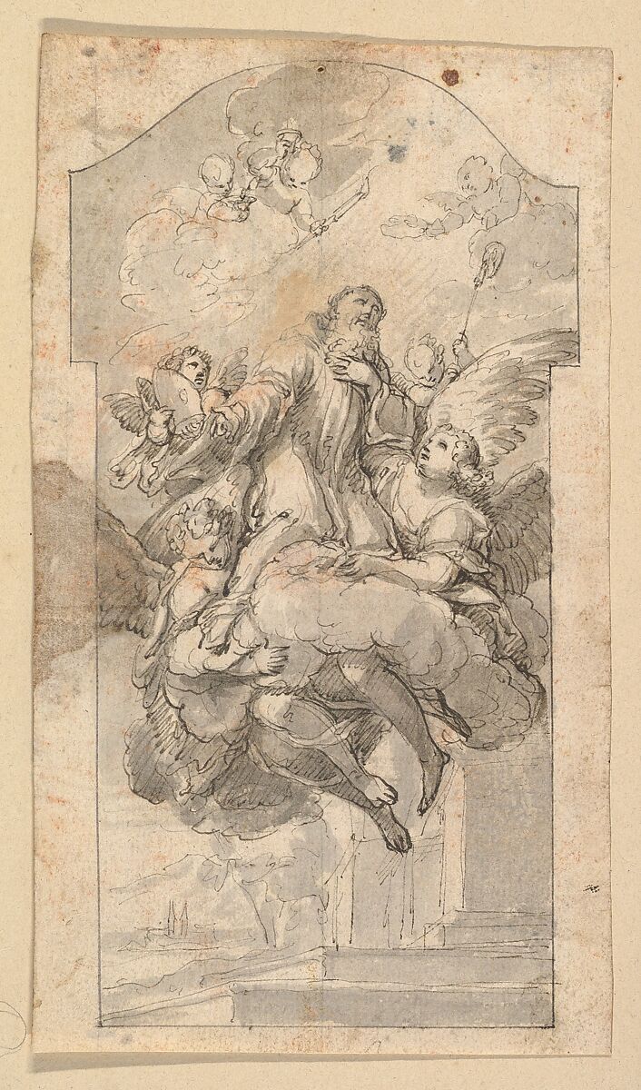 The Ascension of Saint Benedict; verso: Ornamental sketches, Hans Georg Asam (German, Rott am Inn 1649–1711 Sulzbach), Pen and black ink, gray wash, red chalk; construction lines in black chalk; verso: pen and black ink 