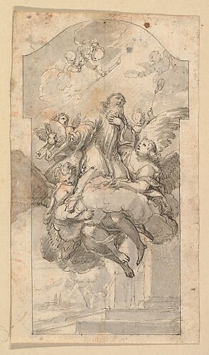 The Ascension of Saint Benedict; verso: Ornamental sketches