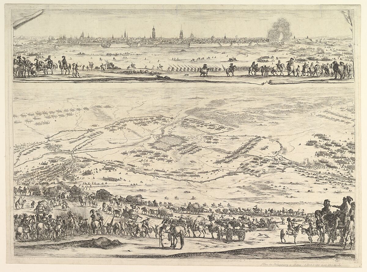 Plan and view of the siege of Arras: lower part of the plate with a topographical view with troops in the foreground descending a hill, upper part of the plate with a view of the town, Stefano della Bella (Italian, Florence 1610–1664 Florence), Etching; second state of two 