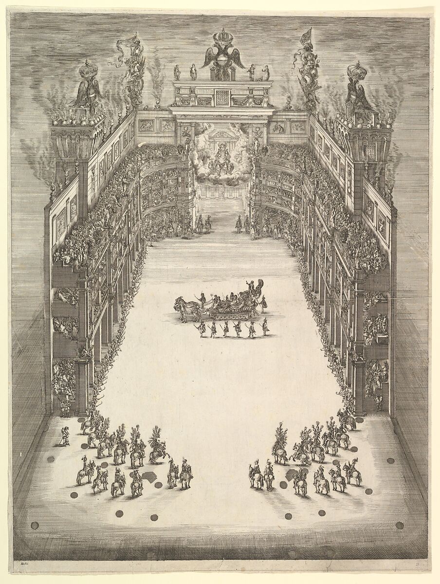 Theater at Modena, seen from above and filled with spectators, with a triumphal car at center and horses in formation at lower left and right, from 'La Gara delle Stagioni', Stefano della Bella (Italian, Florence 1610–1664 Florence), Etching 