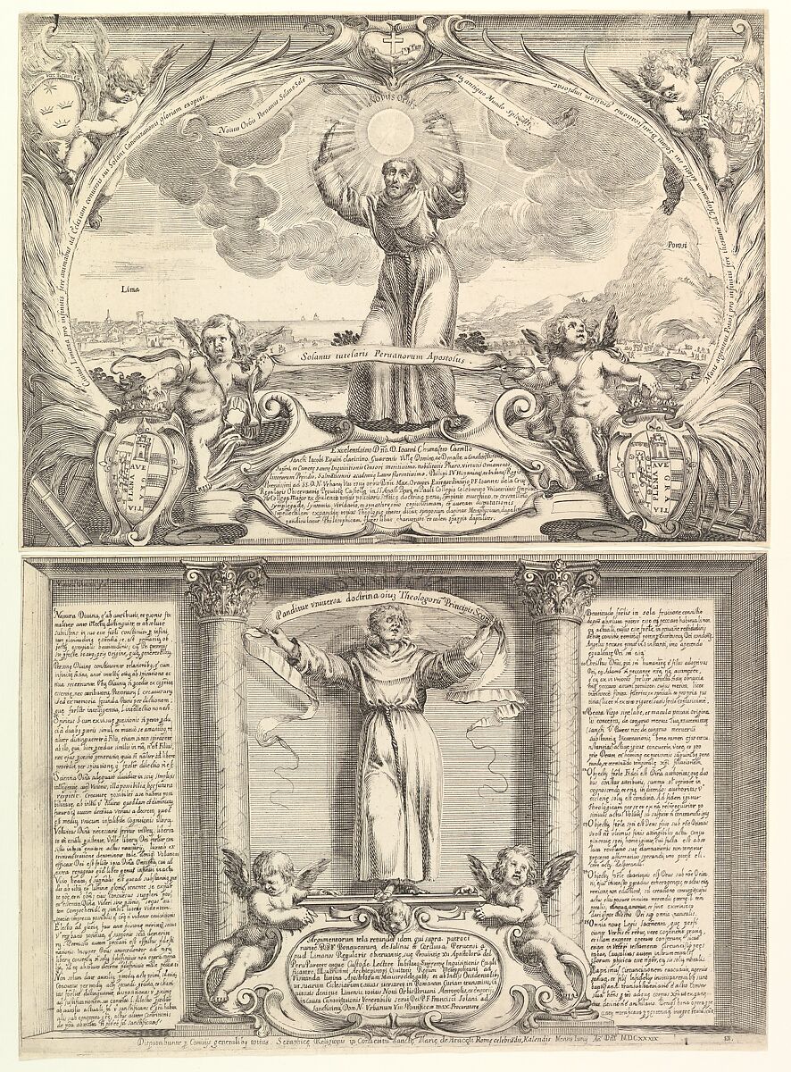 Decoration for a Thesis in Honor of Saint Francis Solano in two parts: the top part with Saint Francis Solano with his arms raised and a sun in his hands with Mount Potosí at right, the lower part with the doctor of the church holding a banner and two putti below, Stefano della Bella (Italian, Florence 1610–1664 Florence), Etching 
