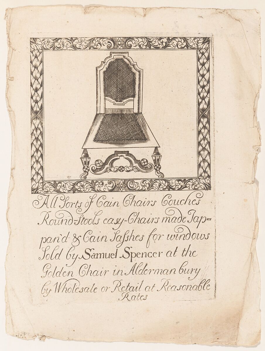 Trade Card of Samuel Spencer, Cain Chairs, at the Golden Chair in Aldermanbury, Samuel Spencer (British, late 17th–early 18th century), Engraving 