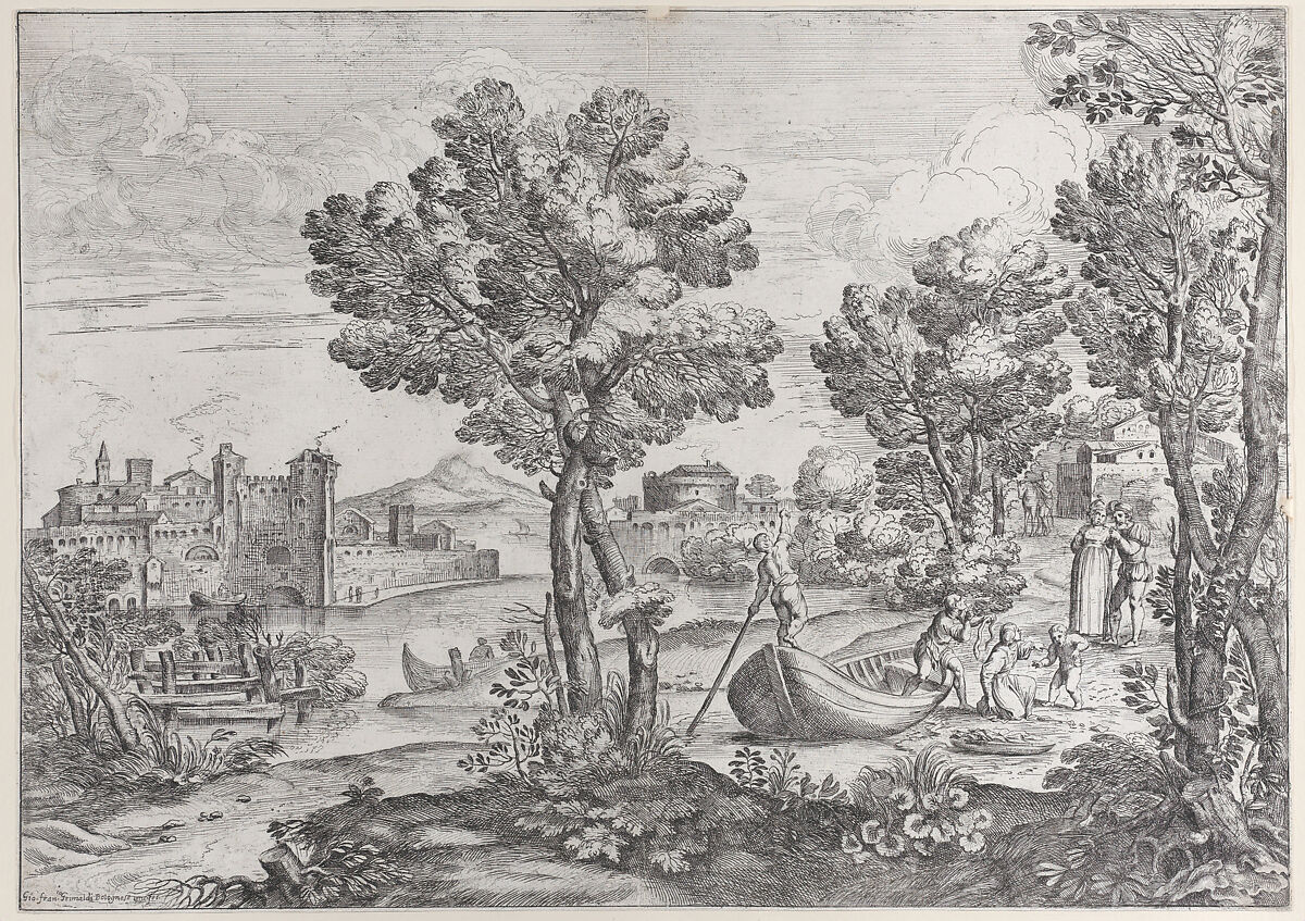 Landscape with a man holding a snake to a terrified child, watched by a fashionably dressed couple on the riverbank at right, Giovanni Francesco Grimaldi (Italian, Bologna 1606–1680 Rome), Etching 