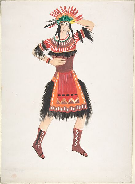 Costume design for Native American female, Natalia Goncharova (French (born Russia), Nagaevo 1881–1962 Paris), Watercolor, brush and black ink, and graphite 