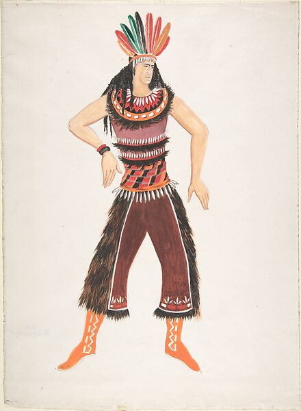 Costume design for Native American male, Natalia Goncharova (French (born Russia), Nagaevo 1881–1962 Paris), Watercolor, gouache, brush and black ink, and graphite 