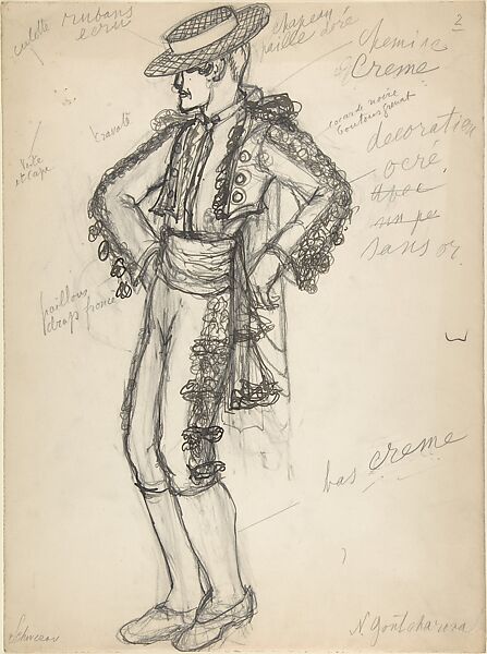 Costume design for a bullfighter, Natalia Goncharova (French (born Russia), Nagaevo 1881–1962 Paris), Pen and black ink, and graphite 