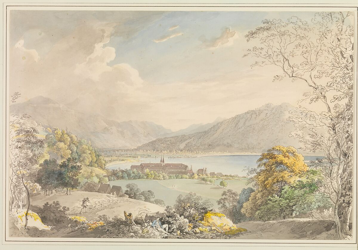 View of the Monastery in Tegernsee seen from the north-east, Johann Georg von Dillis (German, Grüngiebing 1759–1841 Munich), Pen and black ink, brush and gray and blue wash, watercolour, over graphite