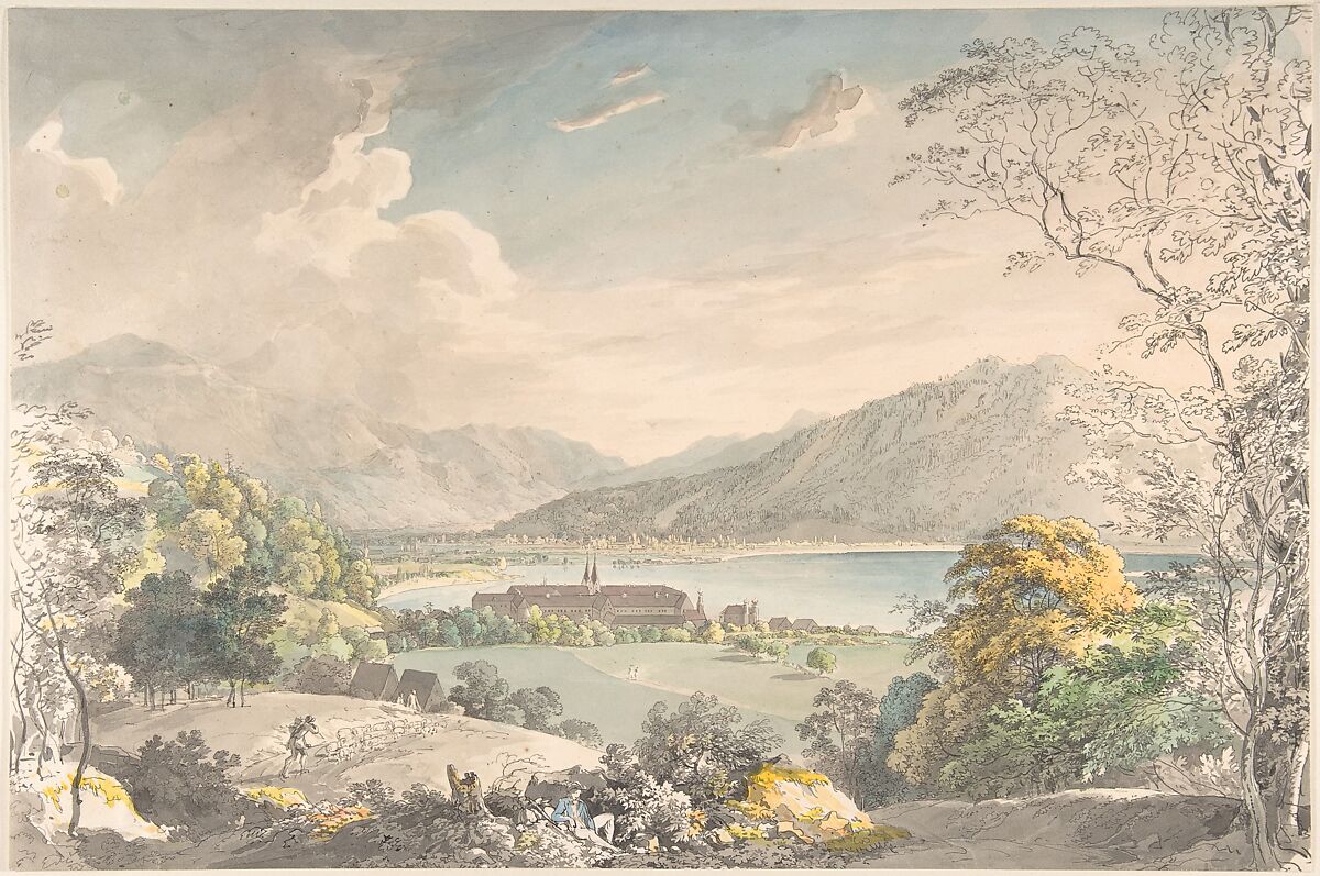 View of the Monastery in Tegernsee seen from the north-east, Johann Georg von Dillis (German, Grüngiebing 1759–1841 Munich), Pen and black ink, brush and gray and blue wash, watercolour, over graphite 