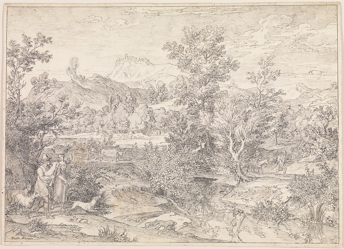 Roman landscape with figures near Paliano, Joseph Anton Koch (Austrian, Obergibeln bei Elbigenalp 1768–1839 Rome), Pen and black ink, over graphite; squared in graphite 