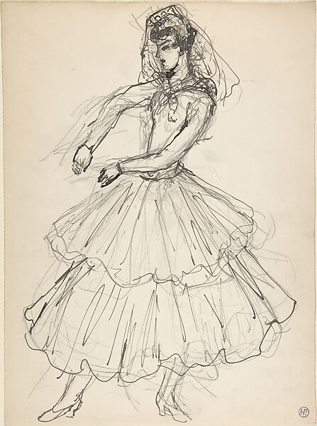 Costume design for a female dancer, Natalia Goncharova (French (born Russia), Nagaevo 1881–1962 Paris), Pen and black ink, and graphite 