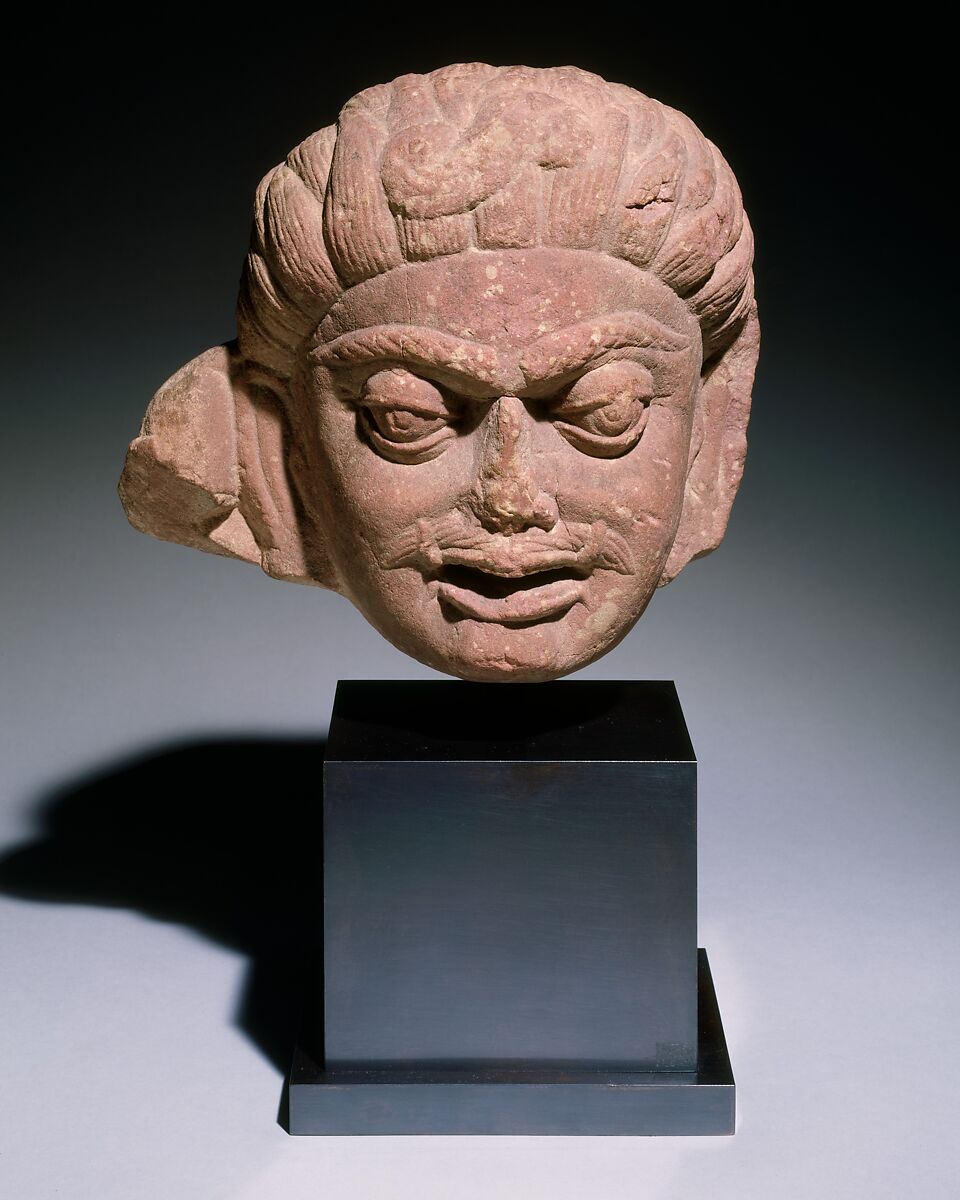 Head of a Demonic Male Deity, Mottled red sandstone, India (Uttar Pradesh, Mathura) 