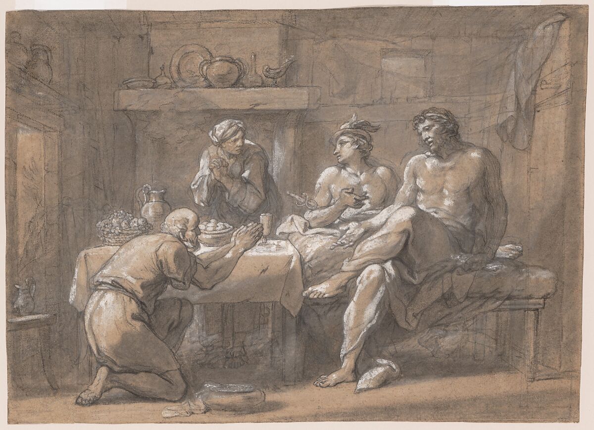 Jupiter and Mercury in the House of Baucis and Philemon, Hyacinthe Collin de Vermont (French, Versailles 1693–1761 Paris), Black chalk, heightened with white gouache on buff colored antique laid paper 