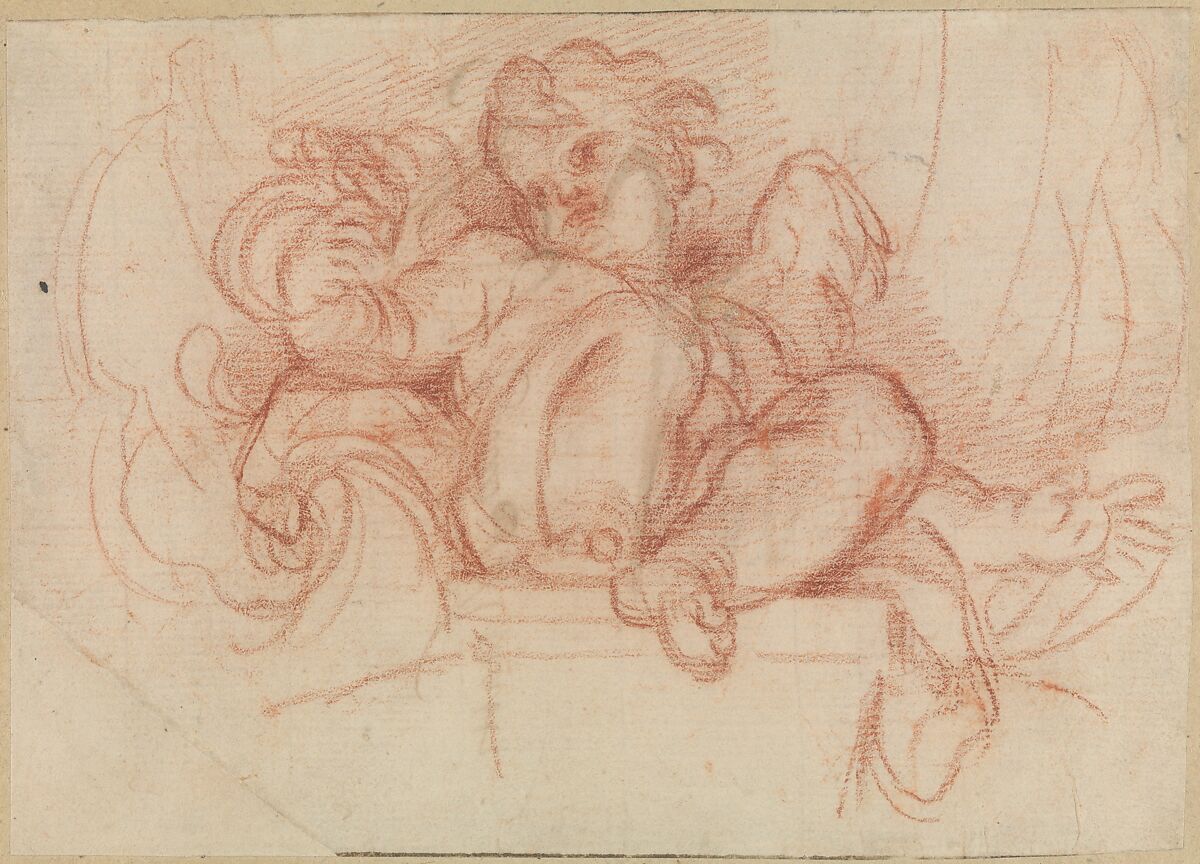 Study of a Putto Seated on a Corbel in a Shell Niche, Carlo Maratti (Italian, Camerano 1625–1713 Rome), Red chalk