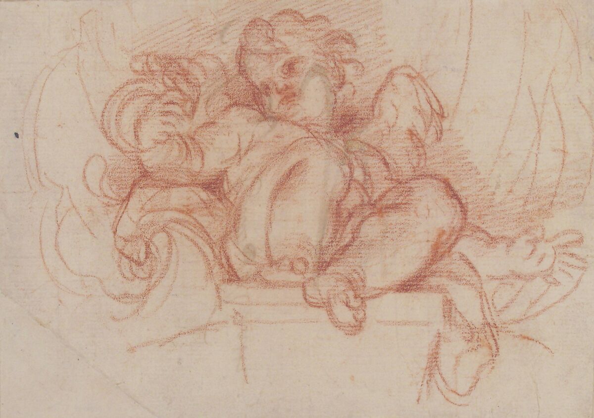 Study of a Putto Seated on a Corbel in a Shell Niche, Carlo Maratti (Italian, Camerano 1625–1713 Rome), Red chalk