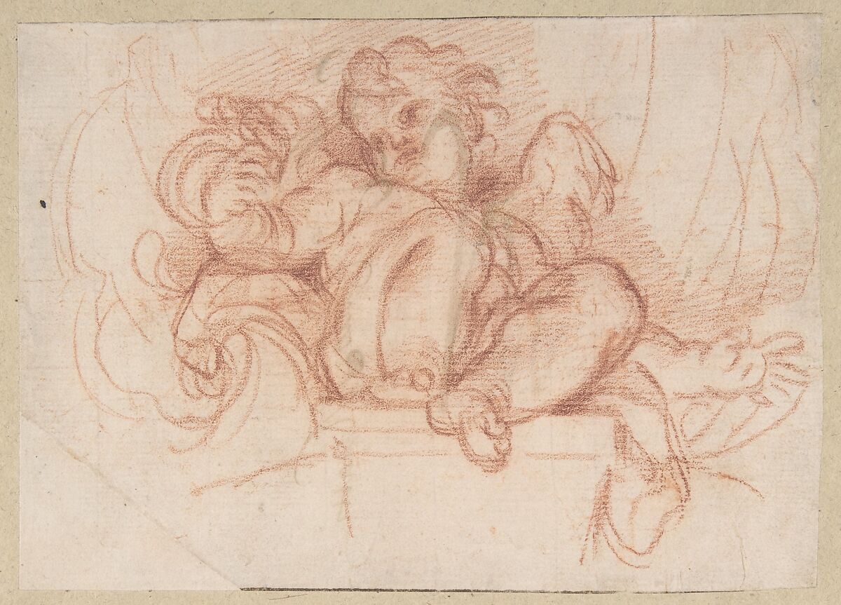 Study of a Putto Seated on a Corbel in a Shell Niche, Carlo Maratti (Italian, Camerano 1625–1713 Rome), Red chalk 