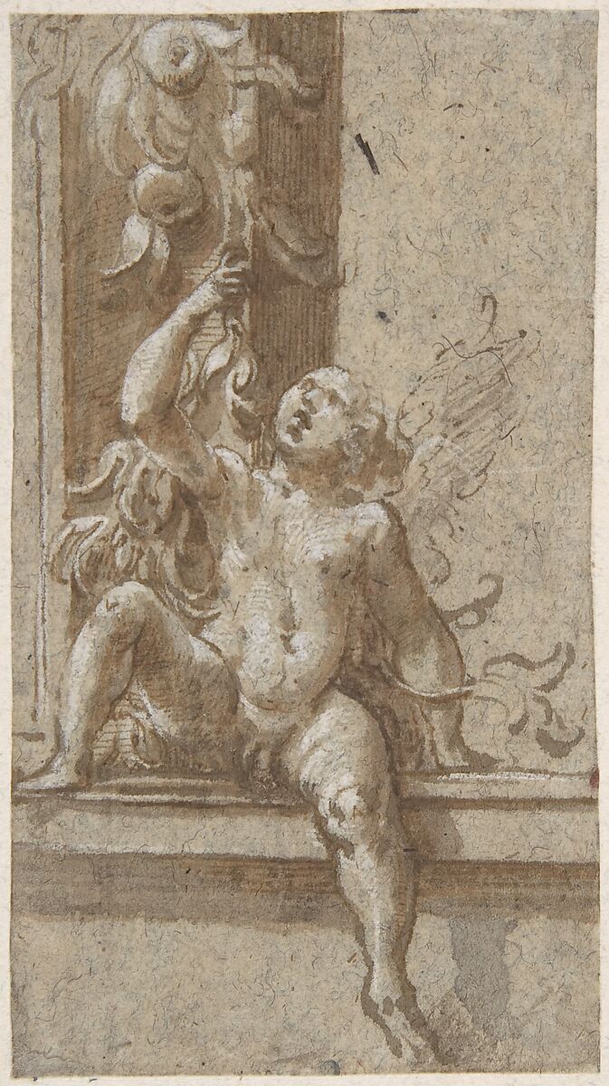 A Putto Seated on a Frame, Girolamo Mazzola Bedoli (Italian, Viadana ca. 1505–ca. 1570 Parma), Pen and brown ink, brush and brown wash, highlighted with white gouache, over traces of leadpoint or black chalk 