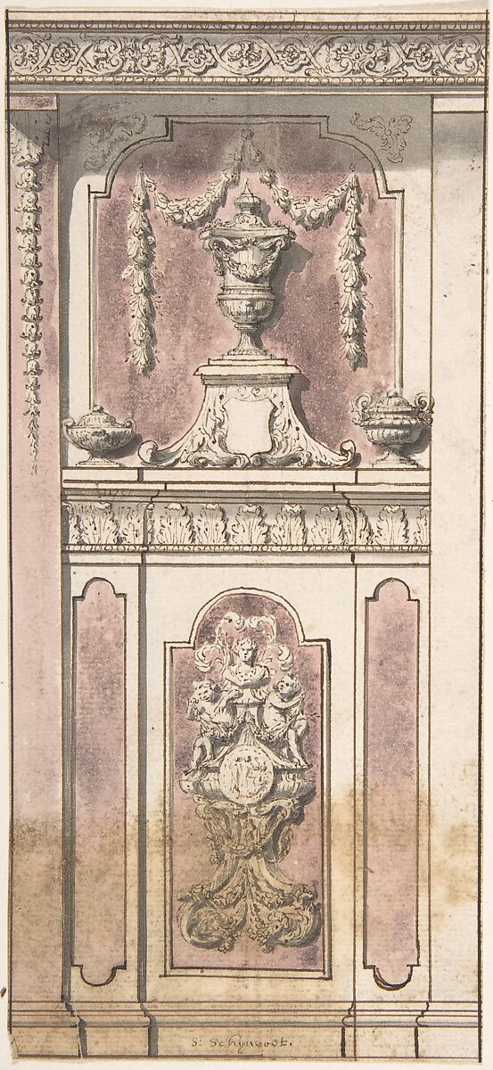Design for a Wall Elevation, Simon Schijnvoet (Dutch, The Hague 1653–1727 Amsterdam), Pen and brown ink, brush and pink and gray washes, over traces of black chalk.
