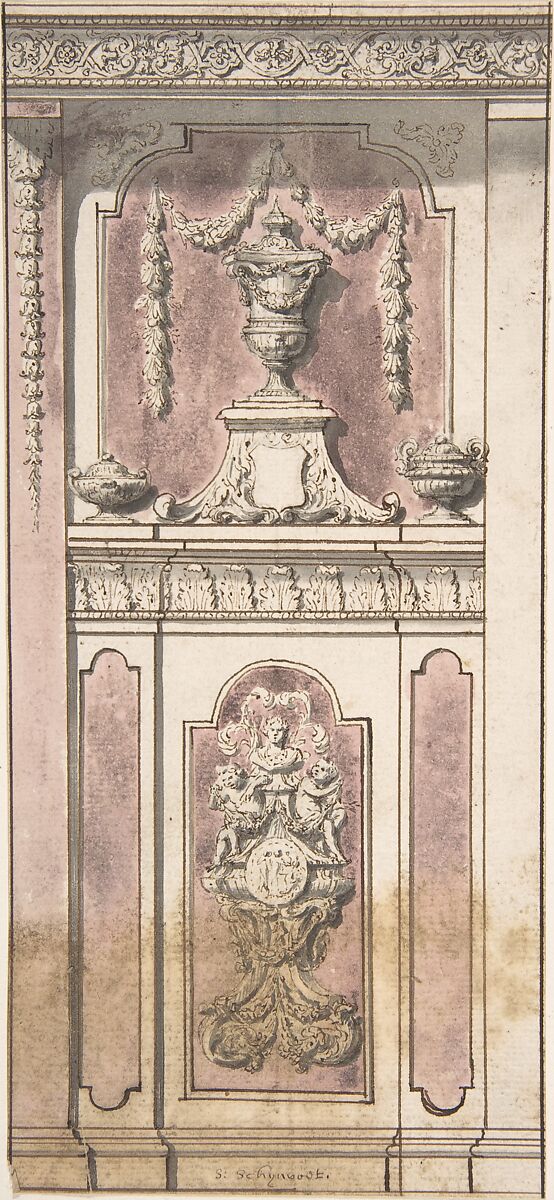 Design for a Wall Elevation, Simon Schijnvoet (Dutch, The Hague 1653–1727 Amsterdam), Pen and brown ink, brush and pink and gray washes, over traces of black chalk. 