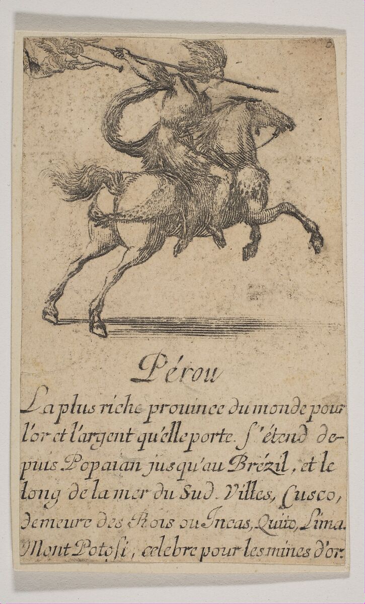 Pérou, from the playing cards "Jeu de la Géographie", Stefano della Bella (Italian, Florence 1610–1664 Florence), Etching 