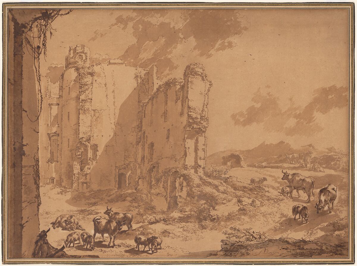 Italianate Landscape with the Ruins of Brederode Castle, Nicolaes Berchem (Dutch, Haarlem 1621/22–1683 Amsterdam), Pen and brown ink, brown wash 