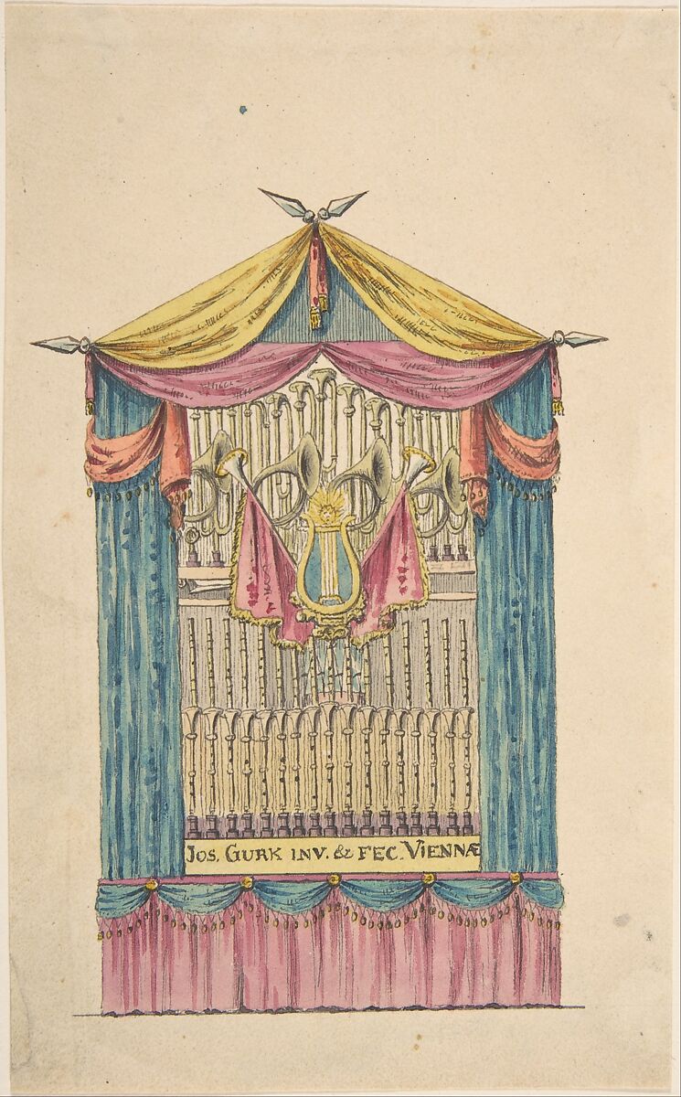 Design for a Fanciful Organ, Joseph Ignaz Gurk (Austrian, active ca. 1795–ca. 1826), Pen and black and brown ink, and watercolor 
