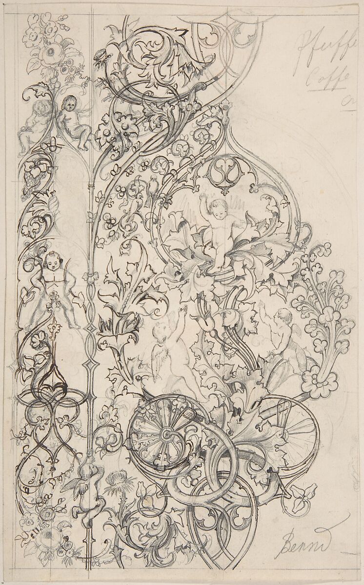 Gothic Ornament with Putti and Acanthus Leaves, Attributed to Bernd (German (?)) ?, Pen and black and brown ink, and graphite 